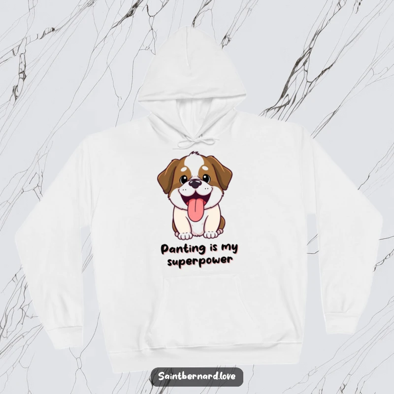 Funny Kawaii Saint Bernard hoodie, cute panting dog design, warm and cozy apparel, humorous illustration, perfect funny gift for Saint Bernard lovers.