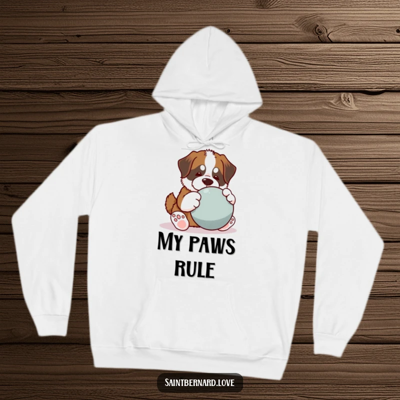 Funny Saint Bernard hoodie, kawaii dog with big paws playing large ball, playful and humorous illustration, warm and cozy apparel, perfect funny gift for dog lovers.