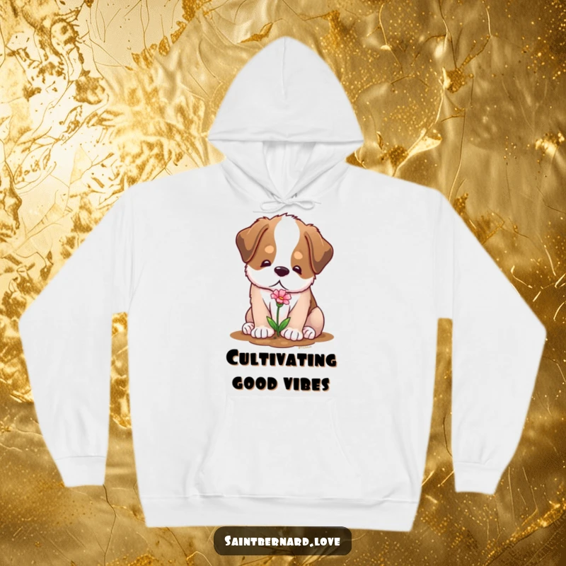 Funny hoodie featuring a soft Saint Bernard with a gentle expression, planting a tiny flower, offering cozy kindness.