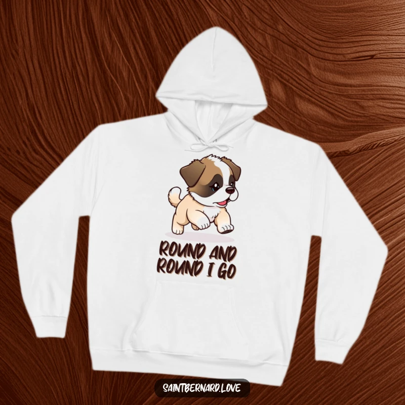 Funny Kawaii Saint Bernard Puppy Hoodie: Puppy chases tail with glee, cozy funny gift.