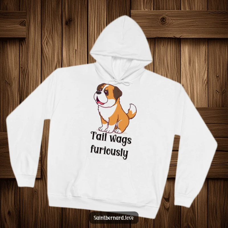 Funny Saint Bernard hoodie, a warm garment depicting a dog shaking with its tail wagging so hard, its entire body moves with joy.