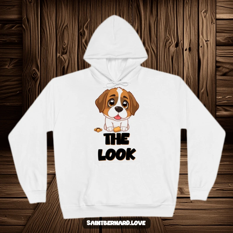 Funny Saint Bernard Hoodie: A warm, comfortable hoodie featuring a Saint Bernard dog with wide, hopeful eyes fixated on a dropped treat.