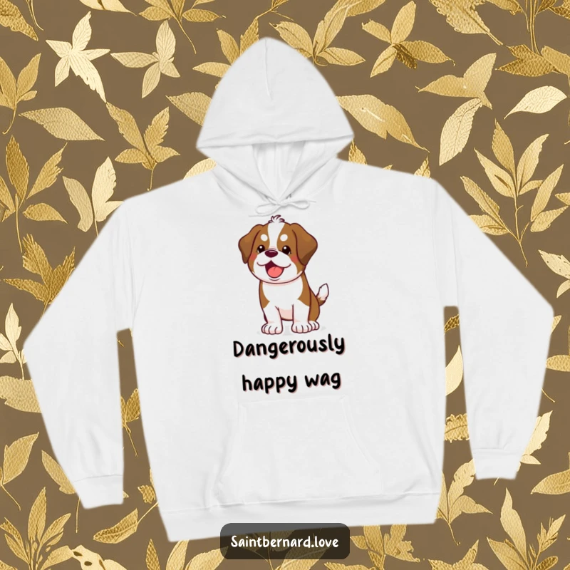 Funny Kawaii Saint Bernard Hoodie: A happy dog vigorously wagging its tail, exuding immense joy and warmth.
