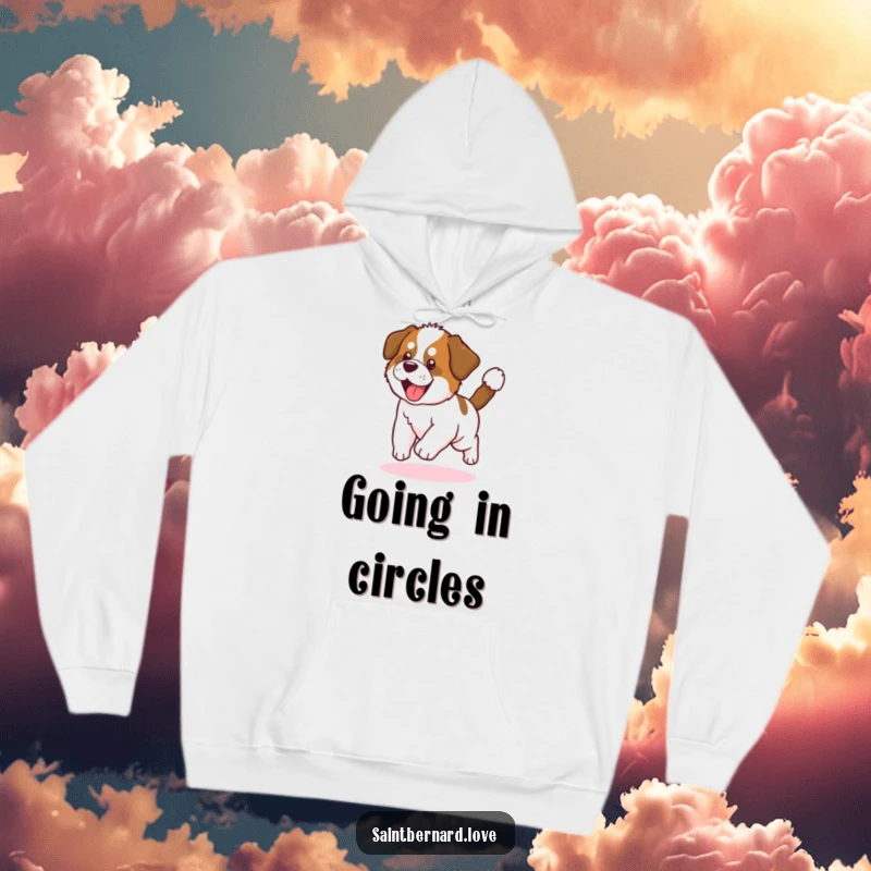 Funny Saint Bernard Puppy Hoodie: Adorable puppy chasing tail in a circle, soft, warm, and full of playful charm, perfect for cozying up.