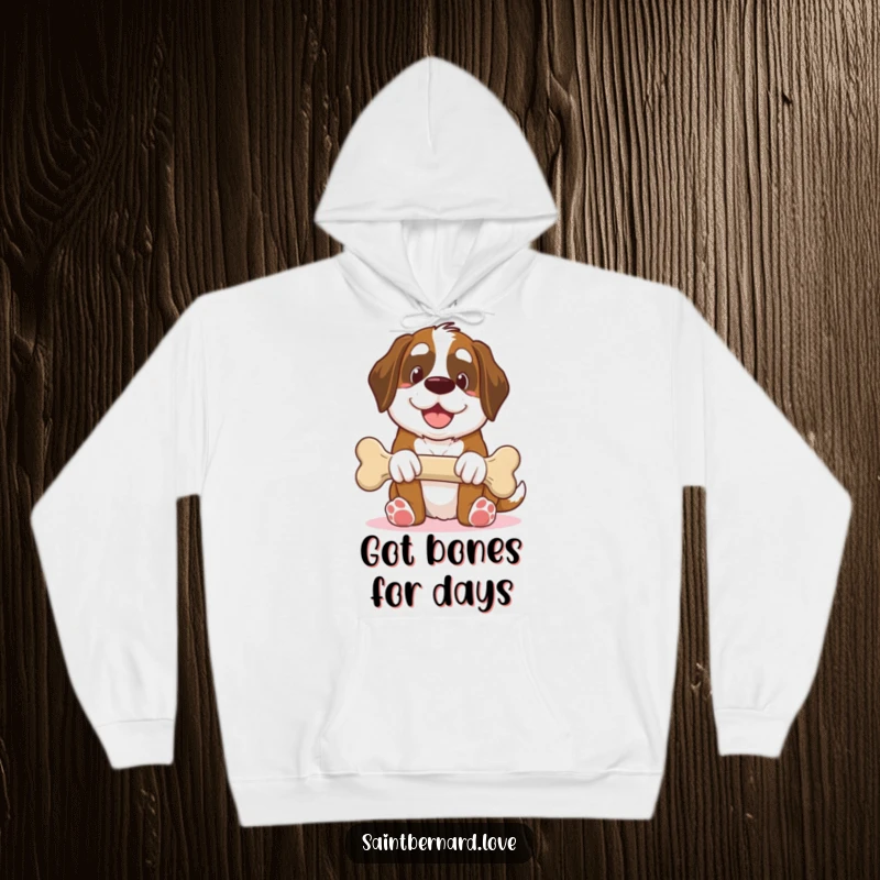 Funny Saint Bernard hoodie, kawaii dog offering giant bone with smile, generous and humorous illustration, warm and cozy apparel, perfect funny gift for dog lovers.