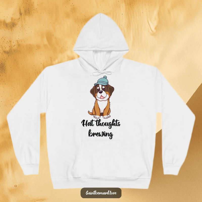 Funny Saint Bernard Hat Hoodie featuring a dog adorned with a small hat, tilting its head inquisitively, perfect for warmth and humor.