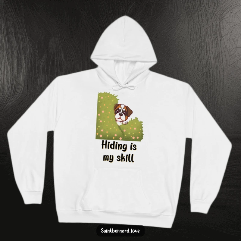 Funny Saint Bernard Hoodie: Soft and warm hoodie featuring a Saint Bernard peeking mischievously from behind a bush, cozy dog apparel.