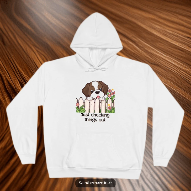 Funny Kawaii Saint Bernard Hoodie depicting a cute dog peeking over a garden fence, offering cozy comfort and playful vibes.