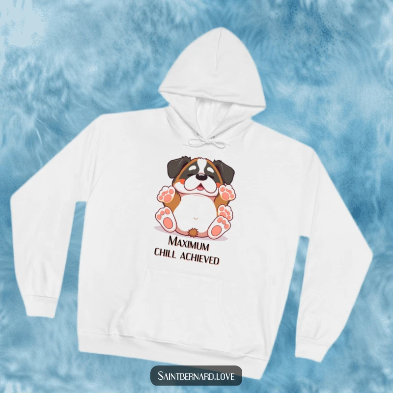 Funny Saint Bernard hoodie featuring a cute kawaii dog joyfully rolling on its back, paws reaching skyward, perfect for cozying up with a laugh.
