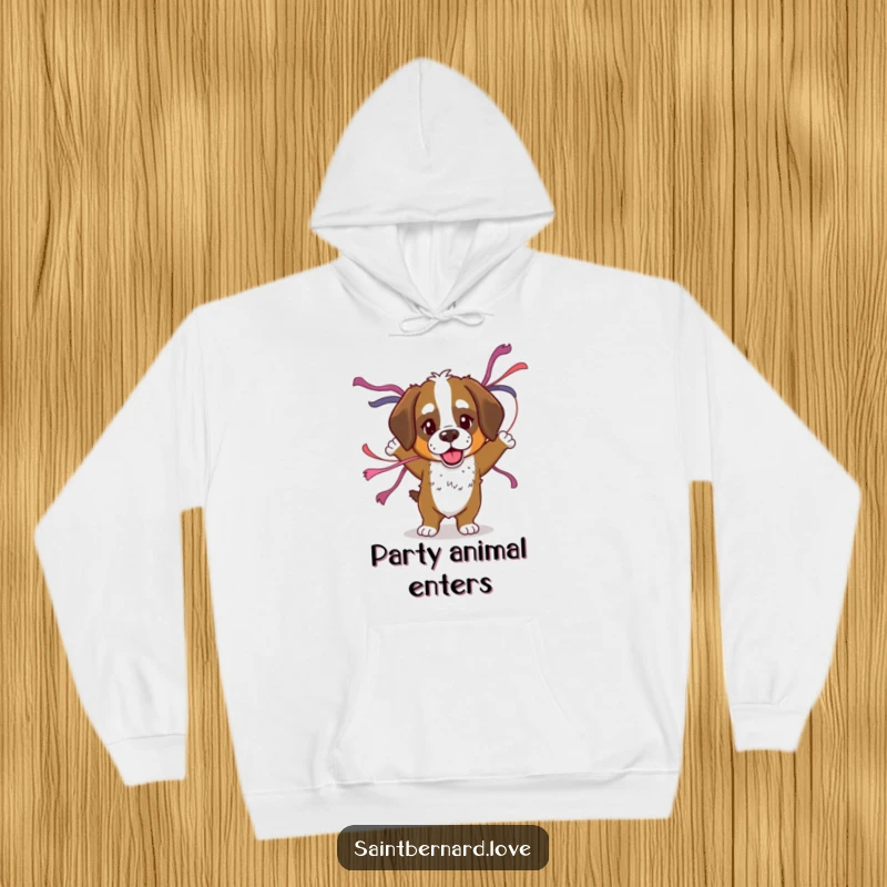 Funny Saint Bernard hoodie showing a dog with floppy ears dancing with streamers, perfect for cozy celebrations and spreading infectious festive humor.