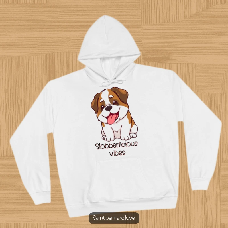 Funny Kawaii Saint Bernard Hoodie: A warm hoodie featuring a cute Saint Bernard with a happy grin and playful slobber, offering funny comfort.