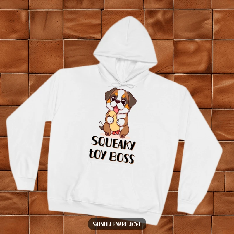 Funny Saint Bernard hoodie, a comforting sweatshirt featuring a dog with sparkling eyes, expertly balancing a squeaky toy, radiating warmth.