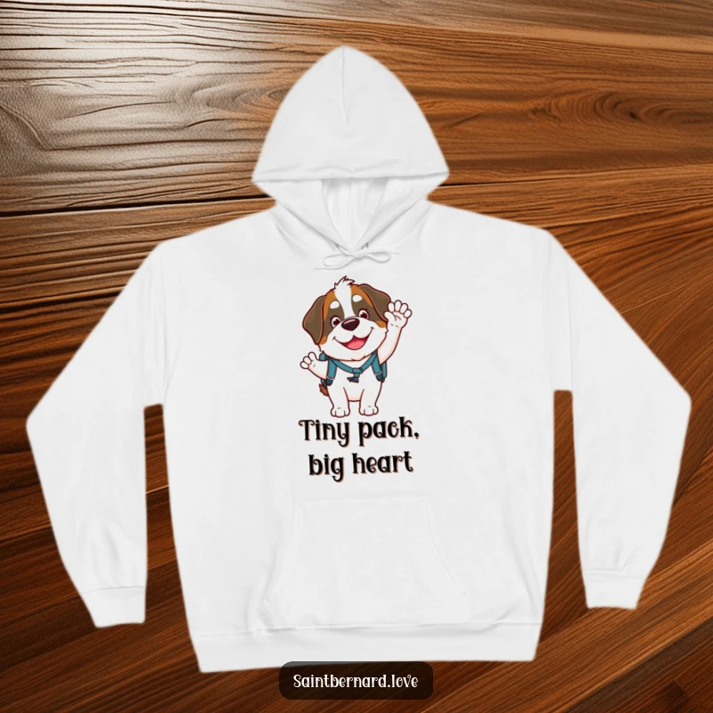 Funny Saint Bernard hoodie depicting a goofy character with a small backpack, smiling widely and waving enthusiastically, ideal for warmth and humor.