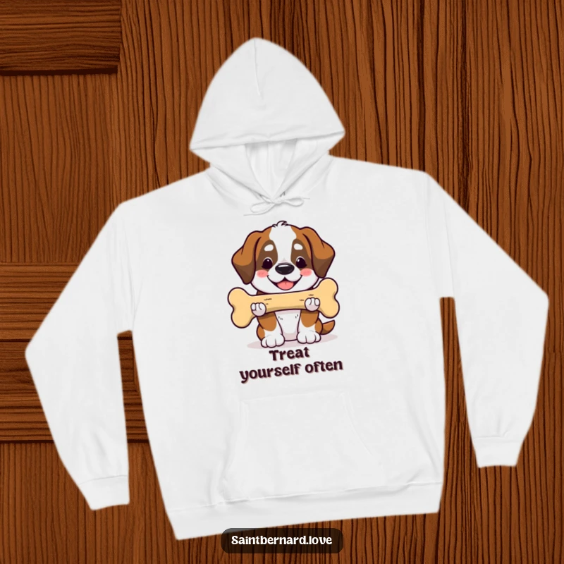 Funny Saint Bernard hoodie showing a cute Kawaii dog smiling and offering a huge bone, providing warmth and kindness. Great funny gift.