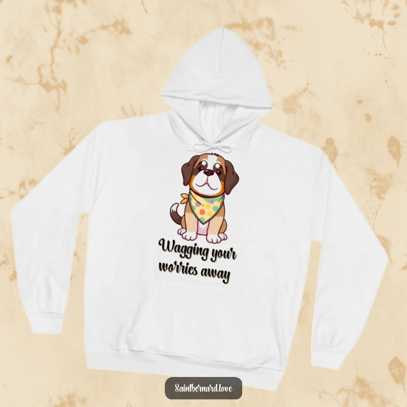 Funny Kawaii Saint Bernard Hoodie featuring a lovable dog with a wagging tail and a colorful bandana, perfect for cozy comfort.