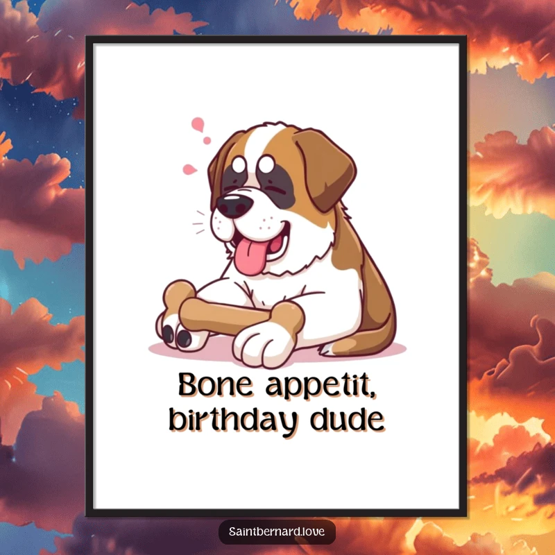 Funny Free Printable Wall Art: Content Saint Bernard sighs happily lounging with a bone, a downloadable art piece of pure joy.