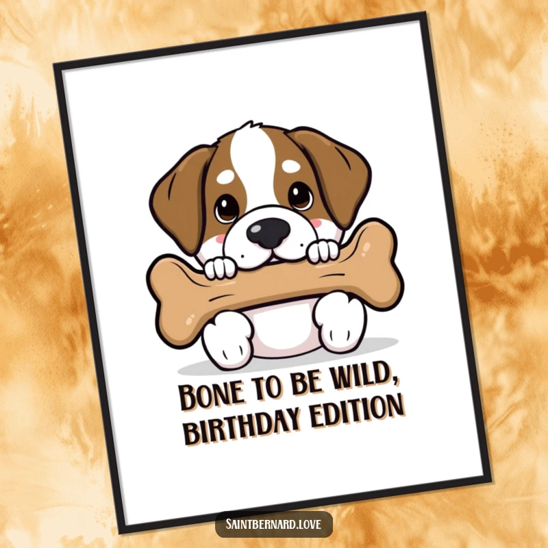 Funny Free Printable Wall Art: Kawaii Saint Bernard peeking out from behind a comically large dog bone, a mischievous grin.