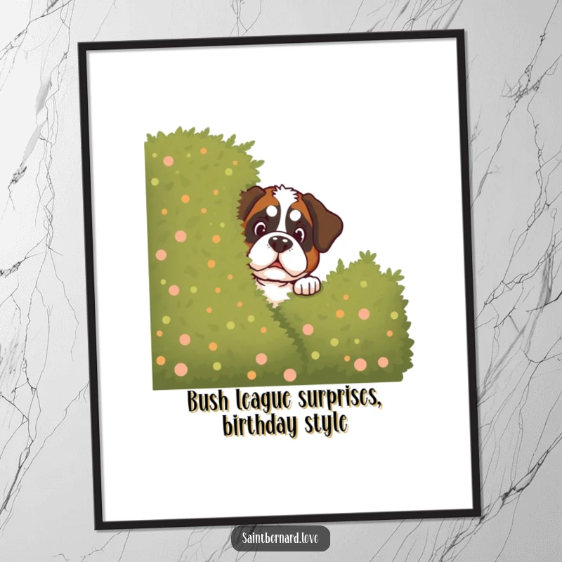 Funny Free Printable Wall Art: Mischievous Saint Bernard peeks from behind a large bush with a twinkle, a funny downloadable art piece.