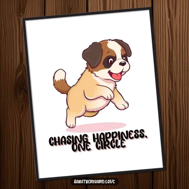 Funny Free Printable Wall Art: Adorable kawaii Saint Bernard puppy chasing its tail in a dizzy circle, a humorous downloadable art piece.