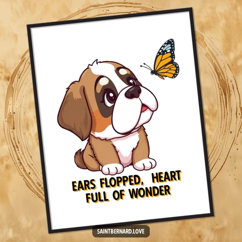 Funny Free Printable Wall Art: Saint Bernard with one ear down gazes curiously at a butterfly, a gentle and serene illustration.