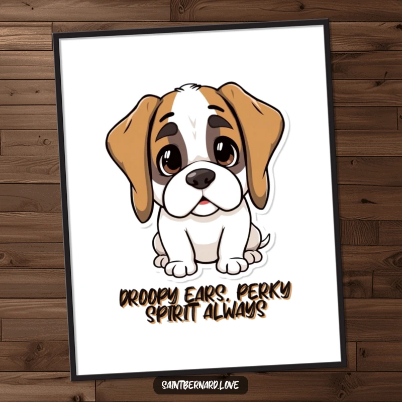 Funny Free Printable Wall Art: A kawaii Saint Bernard dog with droopy ears perked, looking with sweet and curious eyes.
