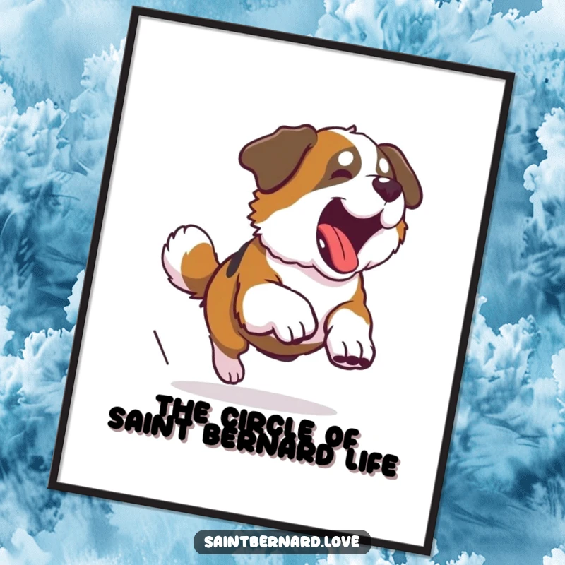 Funny Free Printable Wall Art capturing a Saint Bernard dog in a comical, dizzying spin while chasing its tail.