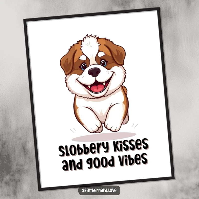 Funny Free Printable Wall Art: A fluffy Saint Bernard puppy with a giant grin sprinting forward with energy.