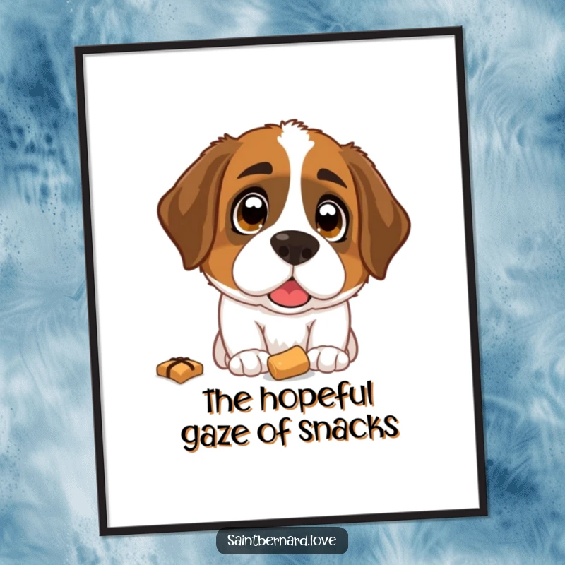 Funny Free Printable Wall Art: A large Saint Bernard dog with wide, pleading eyes looking up at a dropped treat.