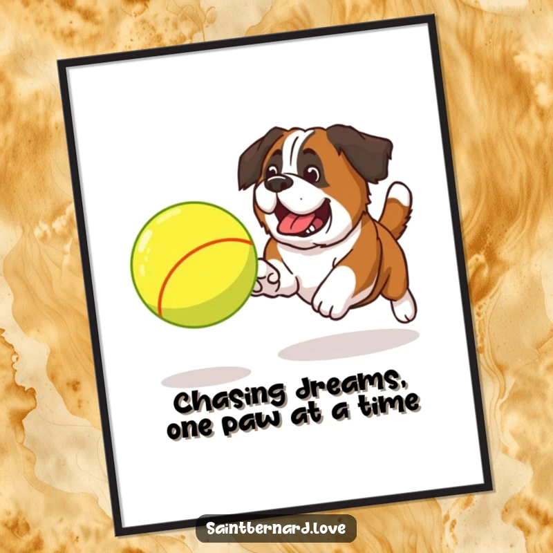 Funny Free Printable Wall Art: A Saint Bernard excitedly chases a huge, bouncing tennis ball across a playful scene.