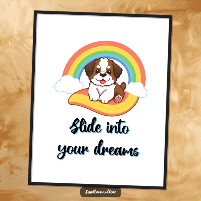 Funny Free Printable Wall Art: A fluffy Saint Bernard puppy slides down a vibrant cartoon rainbow, embodying pure happiness.