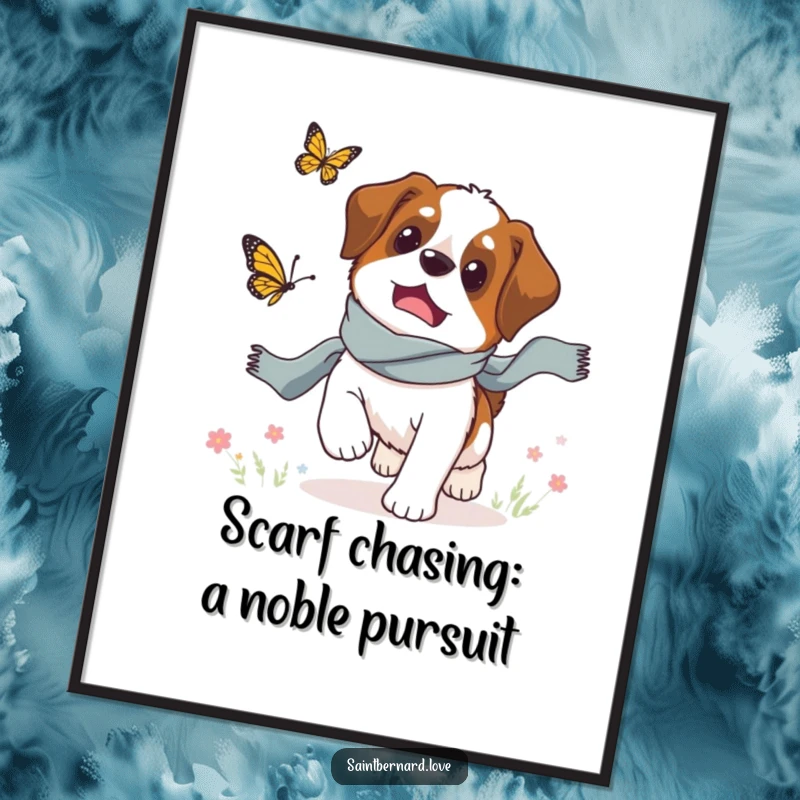 Funny Free Printable Wall Art: A Saint Bernard dog in a scarf playfully chasing a butterfly, adding whimsy.