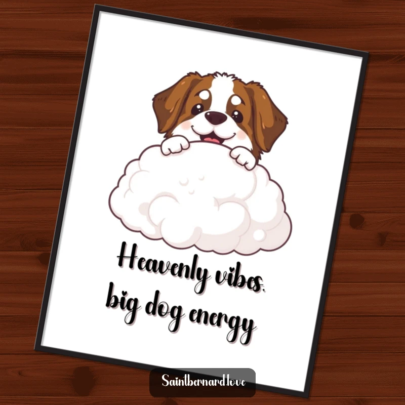 Funny Free Printable Wall Art: A Saint Bernard with a content smile peeks over a large, fluffy cloud in this charming design.