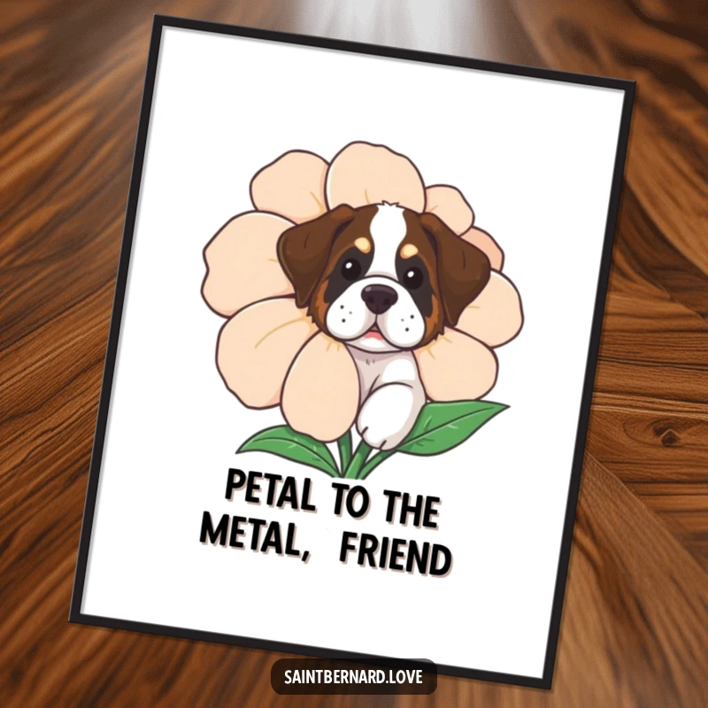 Funny Free Printable Wall Art: A curious Saint Bernard dog peeks its head out from behind a giant, colorful flower.