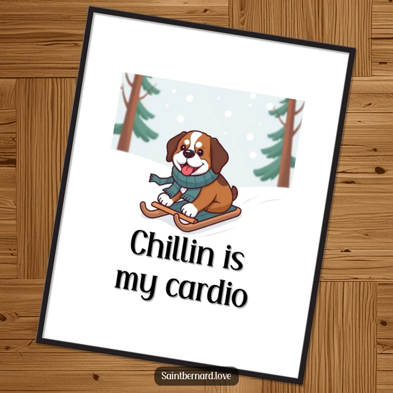 Funny Free Printable Wall Art: A Saint Bernard dog in a scarf gleefully sleds down a snowy hill in a winter landscape.