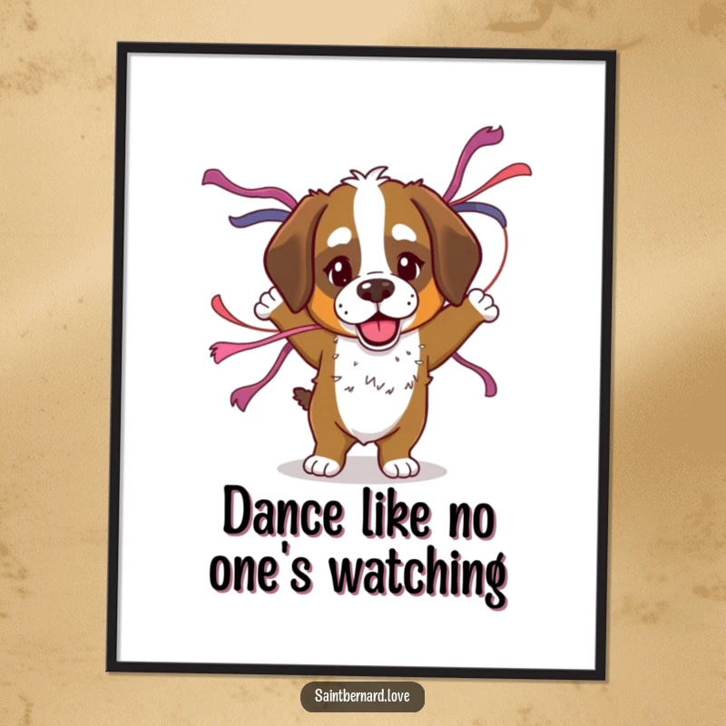 Funny free printable wall art, Saint Bernard dancing with streamers attached, joyful and energetic.