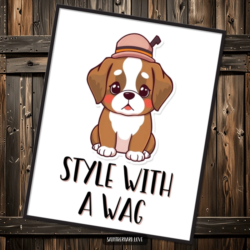 Funny Free Printable Wall Art: A kawaii Saint Bernard looks dashing in a tiny hat tipped jauntily.