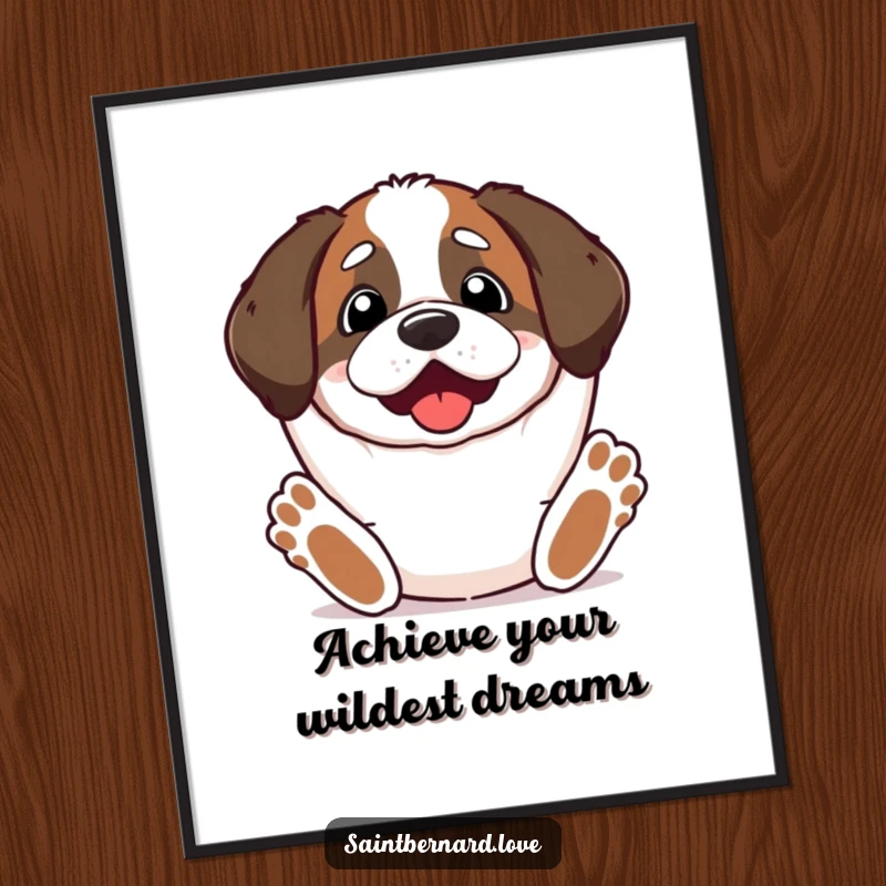 Funny Free Printable Wall Art: A kawaii Saint Bernard stands with paws stretched high, radiating pure excitement and joy.