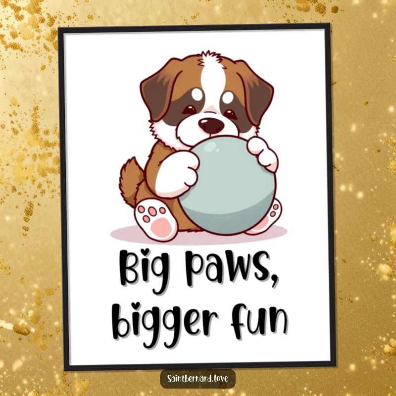 Funny Free Printable Wall Art: Kawaii Saint Bernard with oversized paws, gleefully playing with a massive ball.