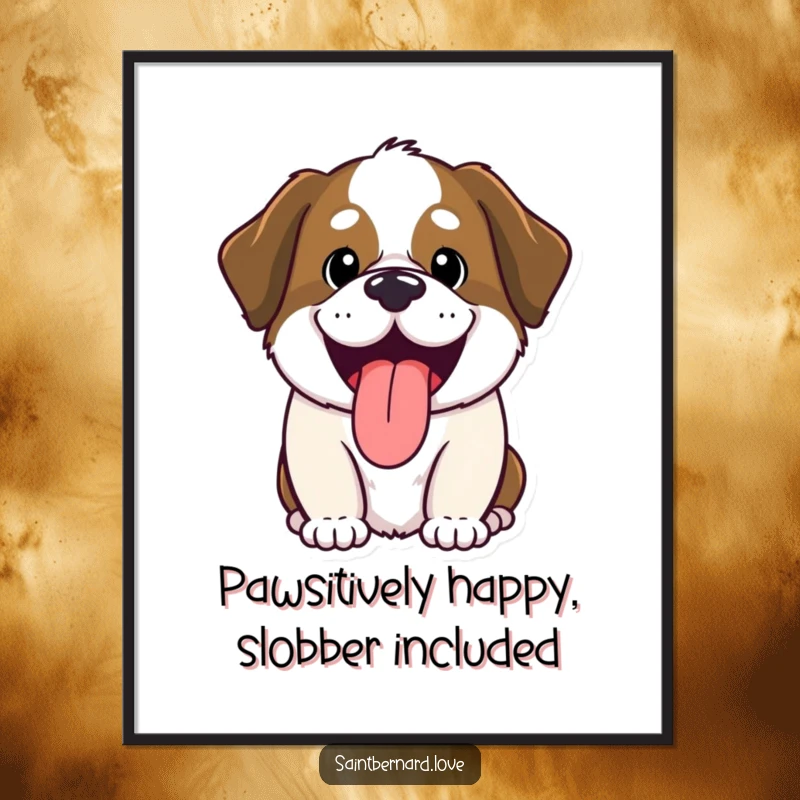 Funny Free Printable Wall Art: Adorable Kawaii Saint Bernard panting with tongue out, radiating pure happiness.
