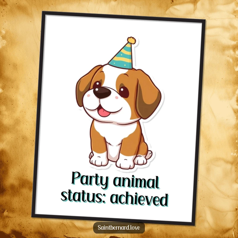 Funny Free Printable Wall Art: A kawaii Saint Bernard wearing a tiny party hat looks ready to party.