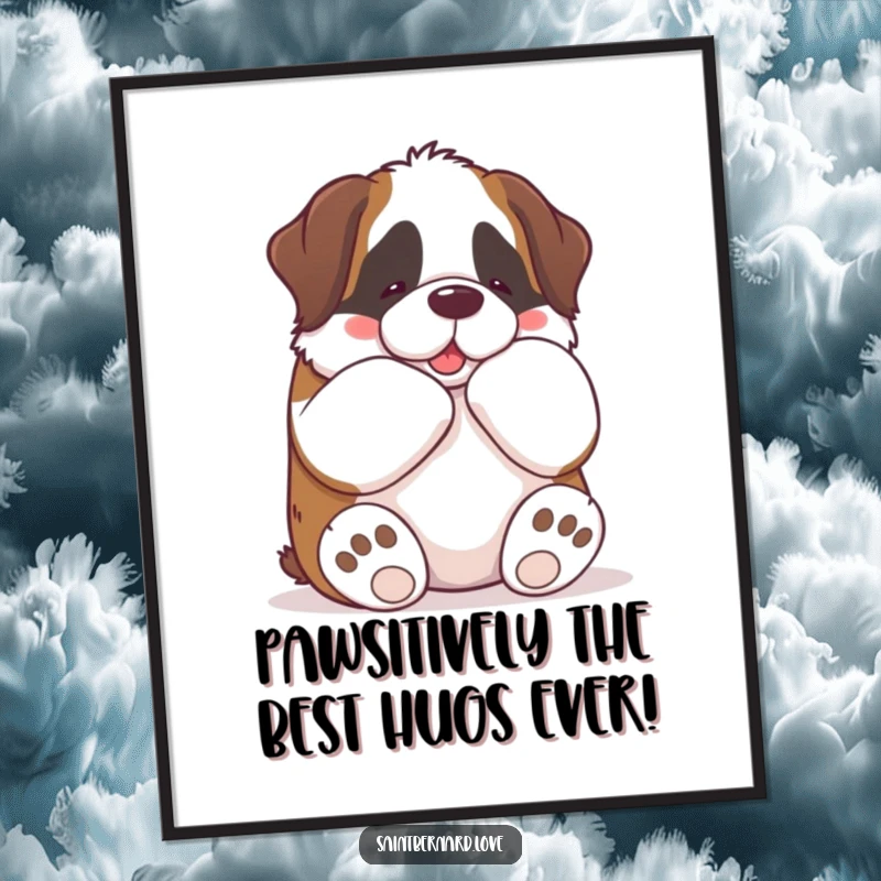 Funny Free Printable wall art: A kawaii Saint Bernard with its paws outstretched, giving a massive, loving bear hug, radiating warmth and joy.