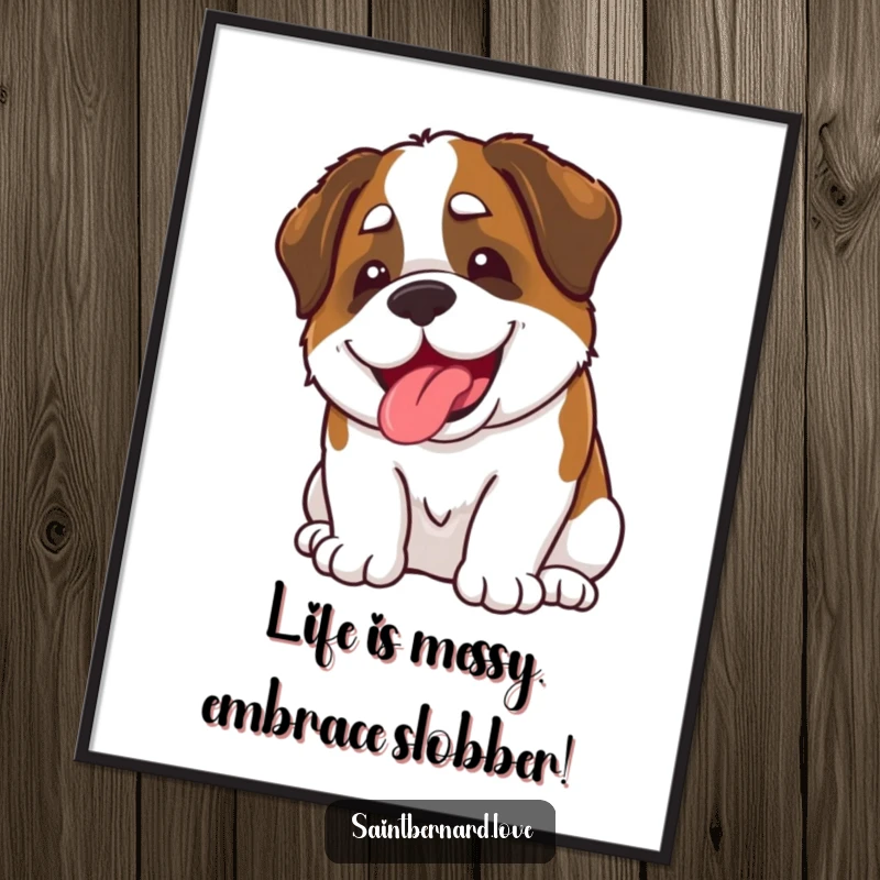 Funny Free Printable wall art: A kawaii Saint Bernard with a wide, happy grin, playfully slobbering, radiating pure, goofy affection and charm.
