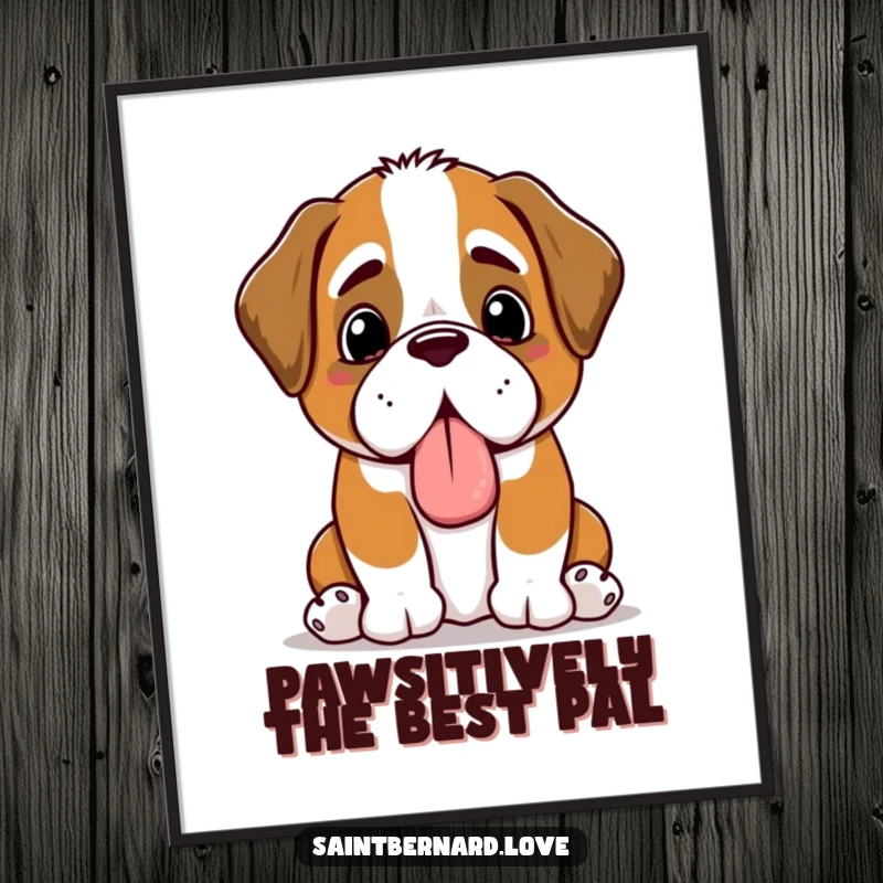 Funny Free Printable Wall Art: A happy, panting kawaii Saint Bernard proudly displays his favorite slobbery toy.
