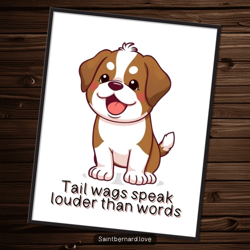 Funny Free Printable Wall Art: A happy kawaii Saint Bernard wags its whole body with infectious glee.