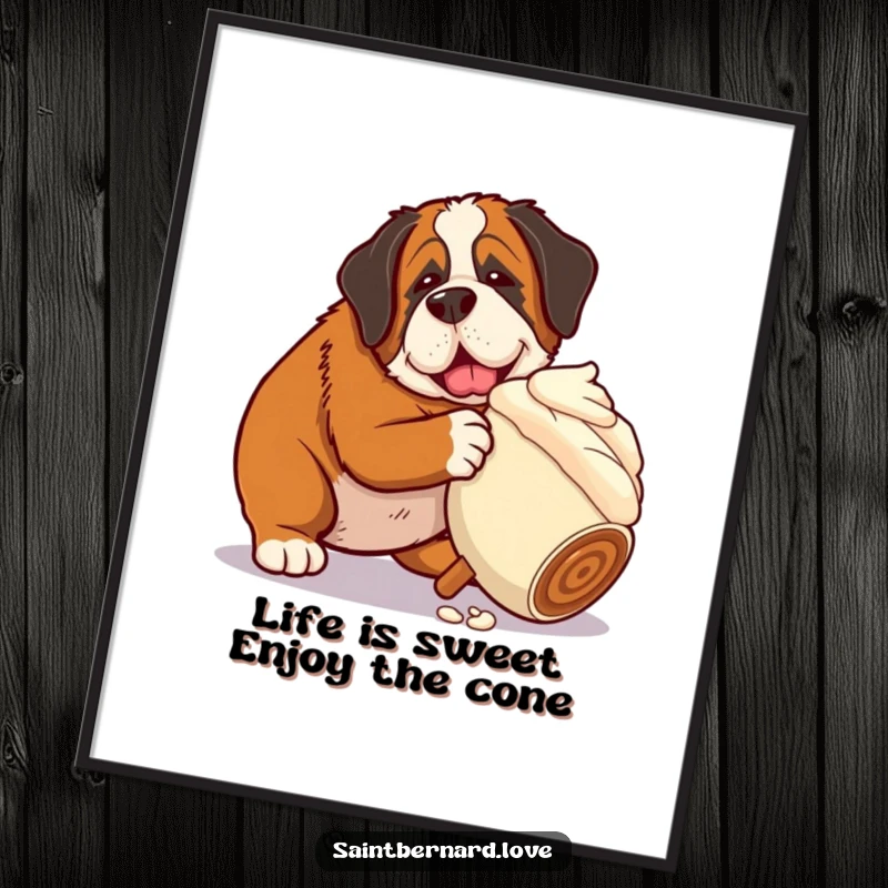 Funny free printable wall art, Saint Bernard nudging a giant rolling ice cream cone, playful and sweet.
