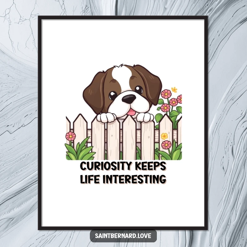 Funny Free Printable Wall Art: A kawaii Saint Bernard's head emerges playfully over a garden fence, curious eyes watching.