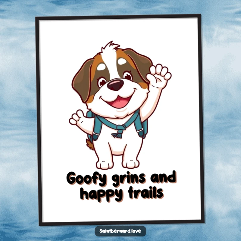 Funny Free Printable Wall Art: Saint Bernard wearing a tiny backpack waves happily, a comical and lovable dog illustration.