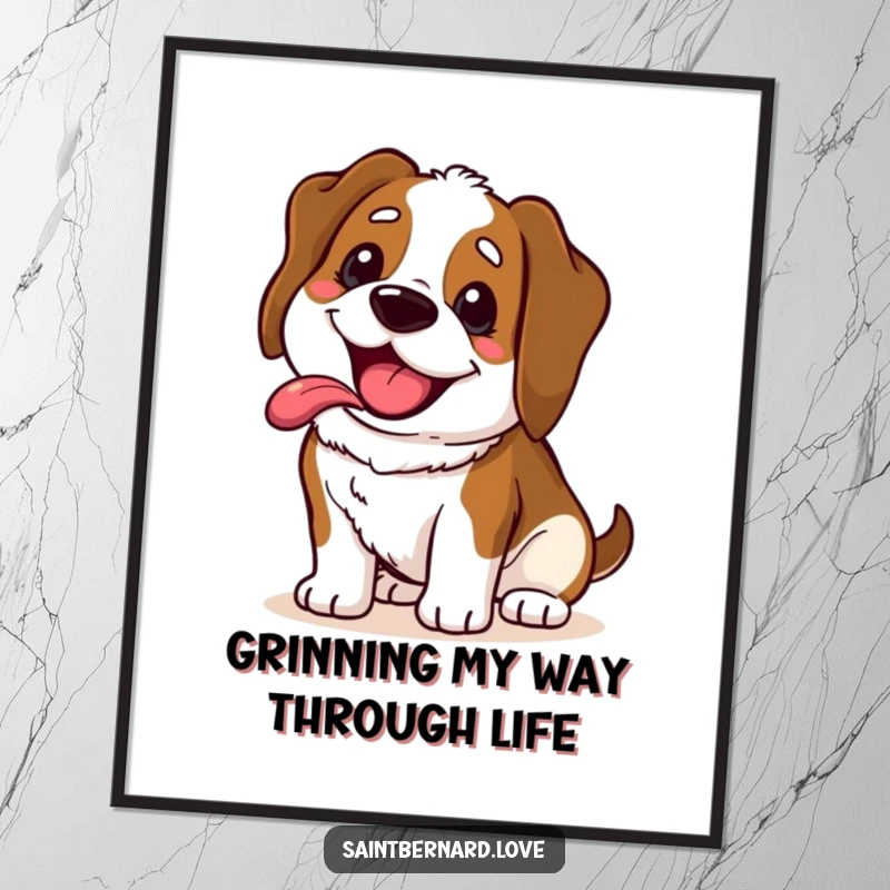 Funny Free Printable Wall Art: Cherubic Kawaii Saint Bernard displaying a massive, happy, panting grin, radiating pure delight.