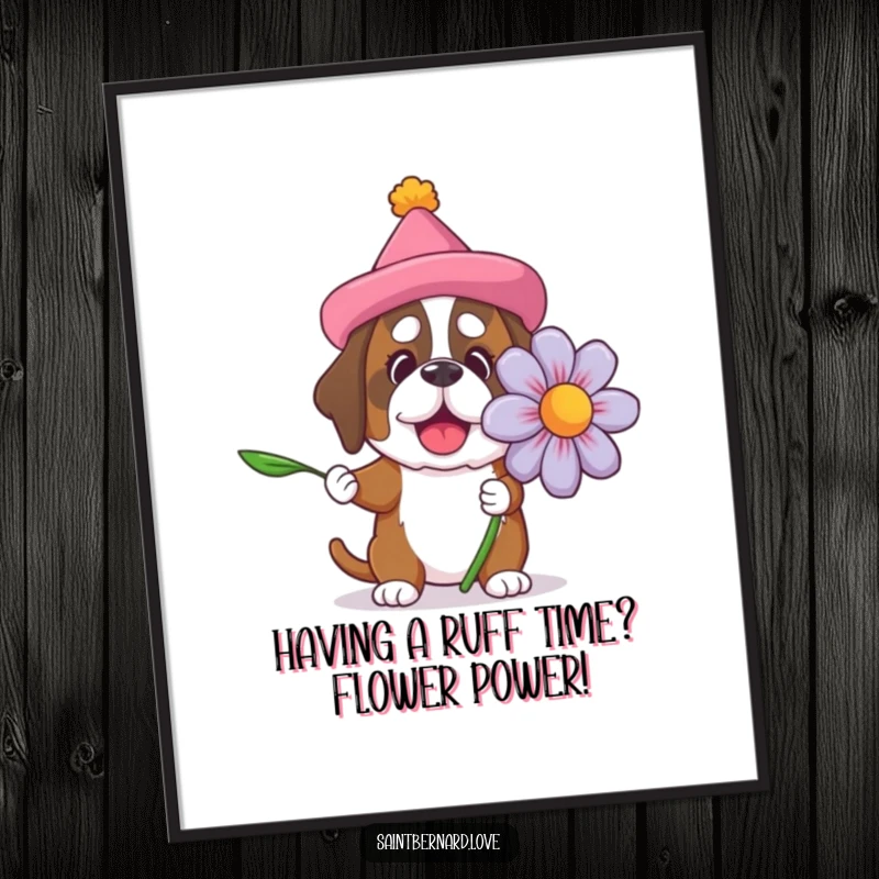 Funny free printable wall art, Saint Bernard wearing a silly hat offers a giant flower, whimsical decor.