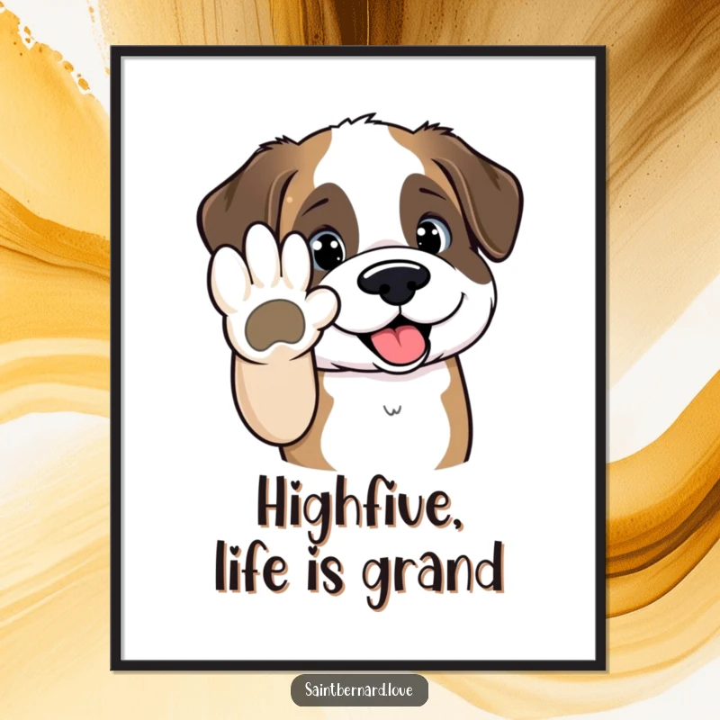 Funny Free Printable Wall Art: Adorable Kawaii Saint Bernard with a huge grin, extending a paw for an epic high-five.
